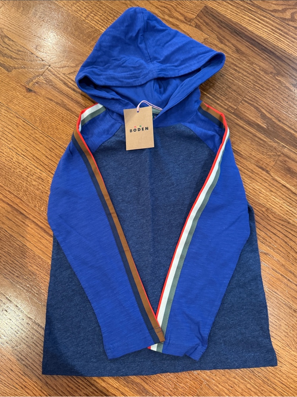 Mini Boden Blue Hooded Sweatshirt with Multi-Color Stripe
